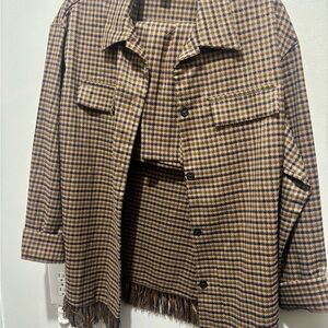SHEIN Plaid Brown and Tan Jacket with Fringe & Skirt Set